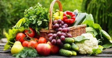 Vegetais e frutas em cesta sobre superfície de madeira escura. O cenário é externo e arborizado.