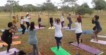 Grupo de pessoas em um parque, organizadas em circulo, praticando ioga.