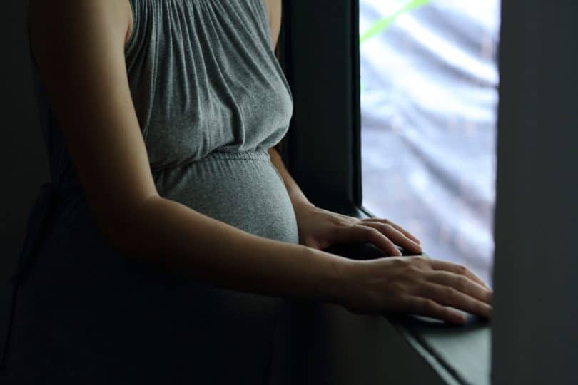 Mulher grávida para diante de uma janela.