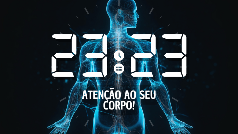 Hora igual 23:23 e texto "Atenção ao seu corpo" aplicado por cima da foto do corpo humano desenhado por linhas brilhantes.