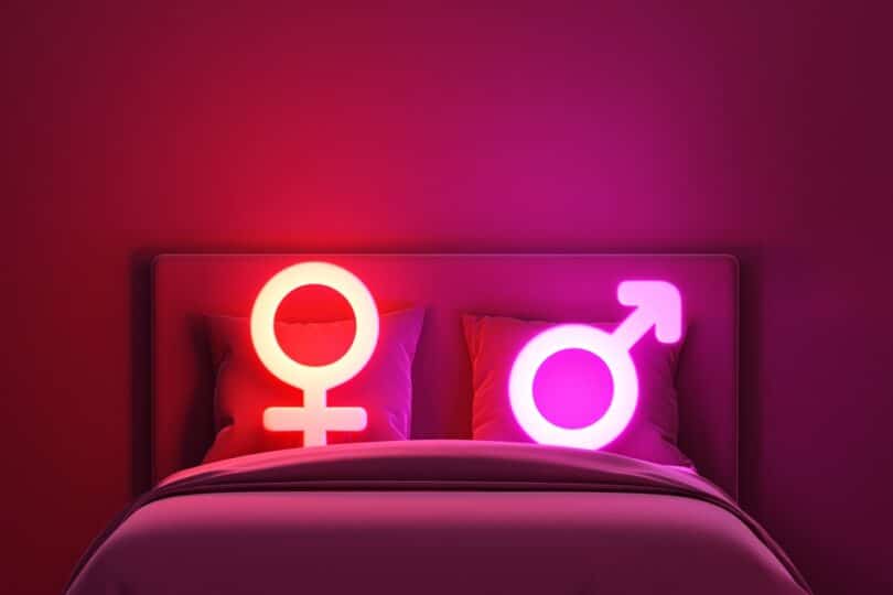 Uma ilustração de símbolos pertencentes aos gêneros masculino e femininos deitados numa cama.