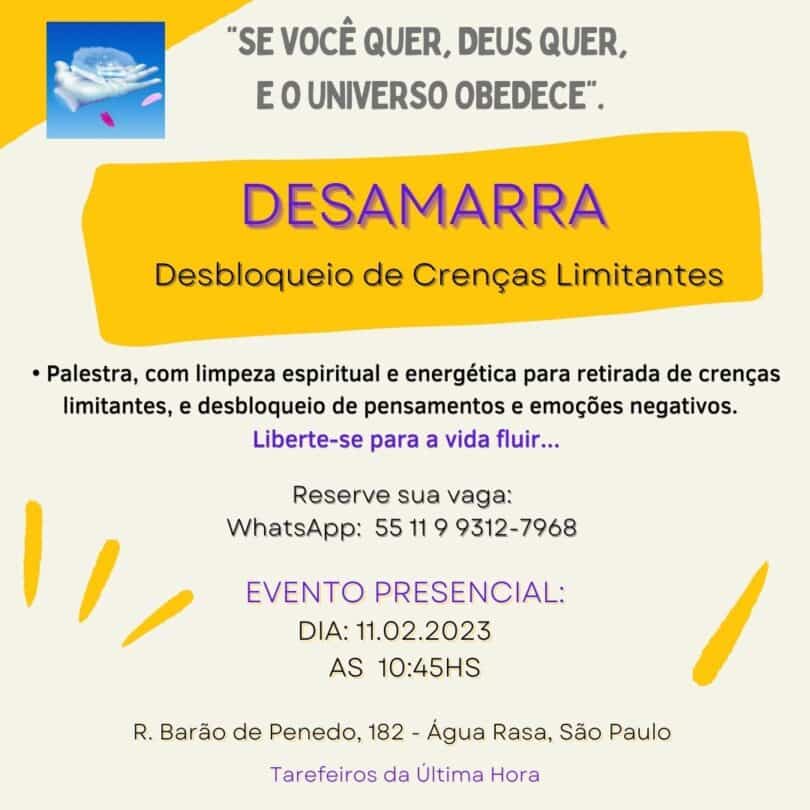 Banner sobre a palestra de Desamarra e Desbloqueios de Crenças Limitantes.