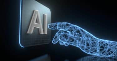 Imagem de fundo preto. Em destaque um botão com as letas AI - que significam Inteligência Artificial e um mão com indicativo que irá apertar o botão.