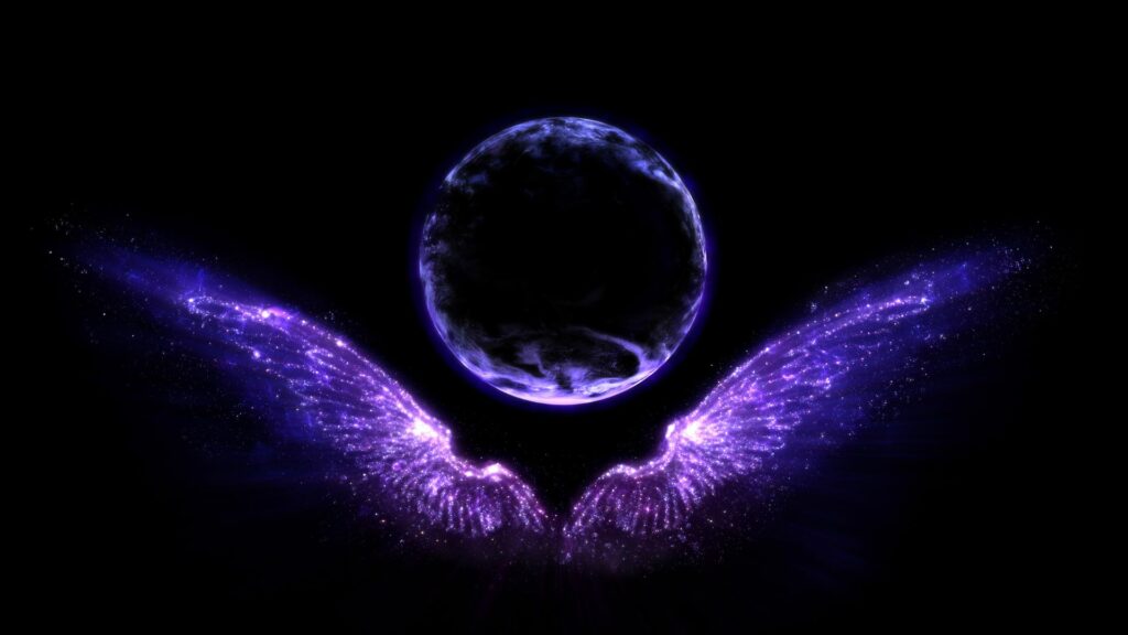 Imagem de fundo preto e em destaque a imagem de uma asa de um anjo toda iluminada na cor lilás.
