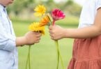 Imagem de uma pequena garota entregando flores a um pequeno jovem, simbolizado a gratidão, o carinho, a doação de coisas boas.