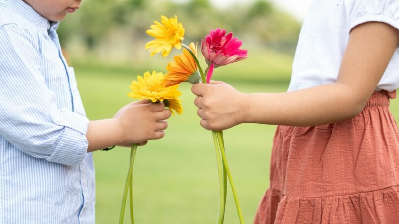 Imagem de uma pequena garota entregando flores a um pequeno jovem, simbolizado a gratidão, o carinho, a doação de coisas boas.